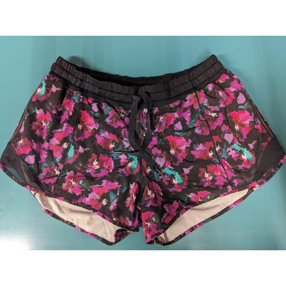 Lululemon Hotty Hot Short Low Rise Floral Watercolor Pink Purple Black 10